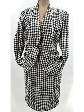 Vintage Christian Dior 100% Silk Black White Houndstooth Blazer Skirt Suit Sz 6